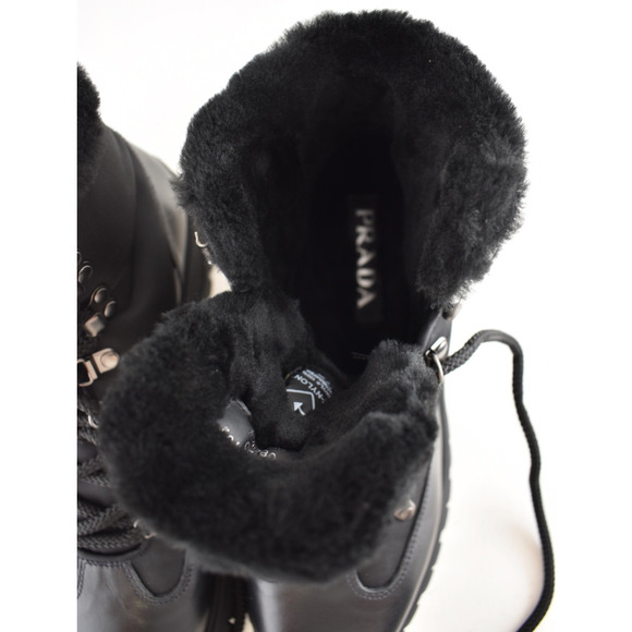 Prada Brixxen 38 Black Shearling Leather Nylon Lug Sole Lace Up Hiking Boot 40.5 - Picture 11 of 16